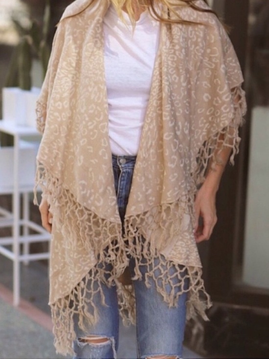 lèRumi Sweaters - lèRumi Cream & White Animal Print Fringe Cardigan Ruana Poncho Wrap, One Size
